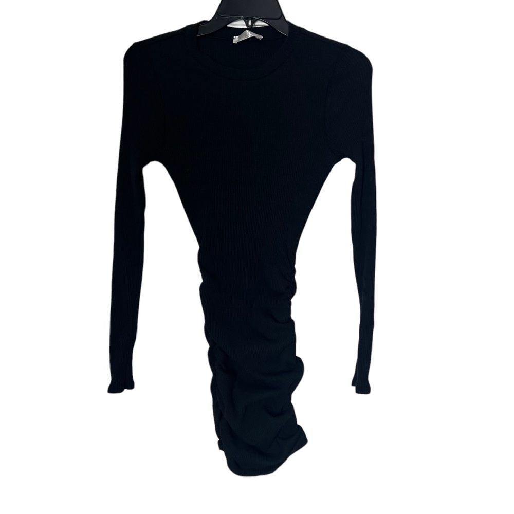 Black Ribbed Long Sleeve Side Ruched Mini Bodycon Dress - Picture 5 of 9